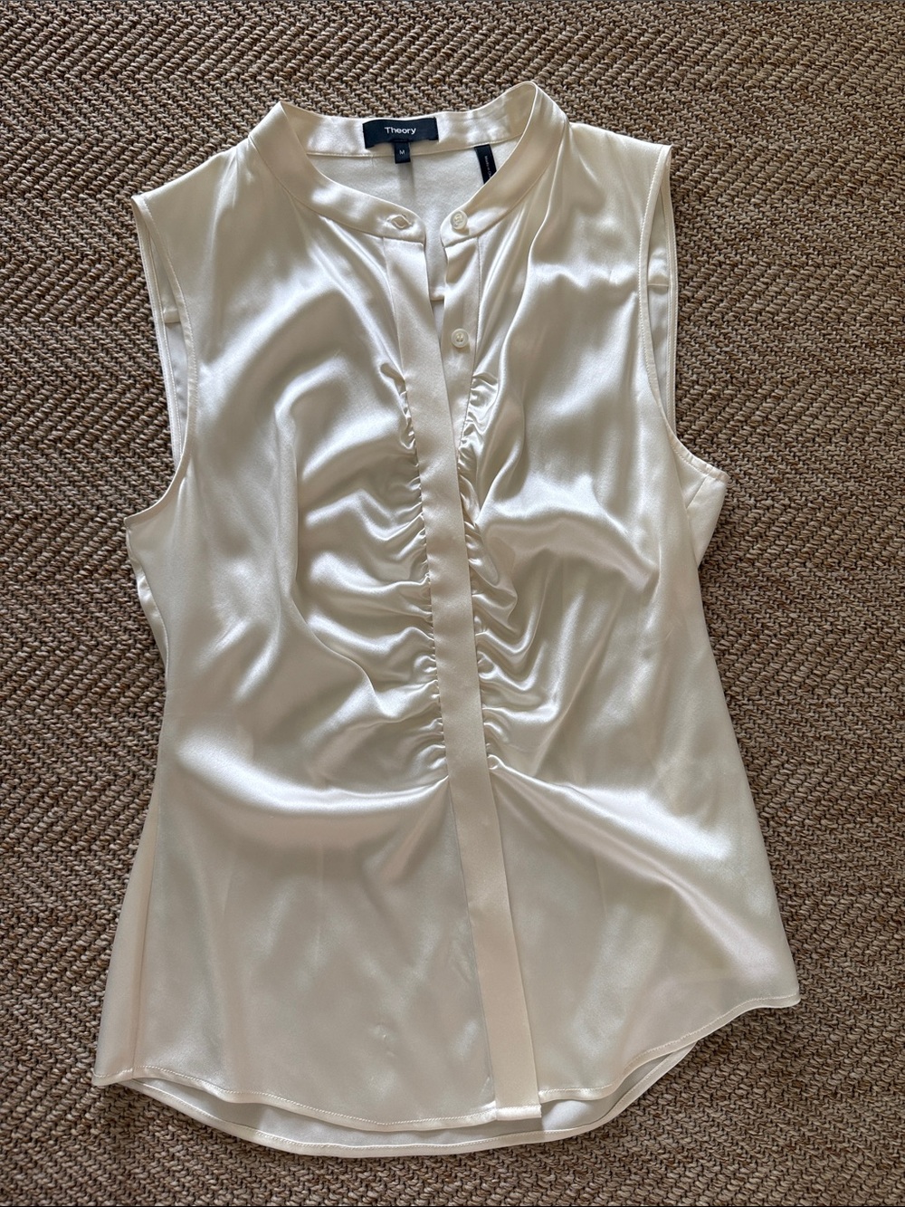 Theory Medium Ivory Silk ruched sleeveless Top